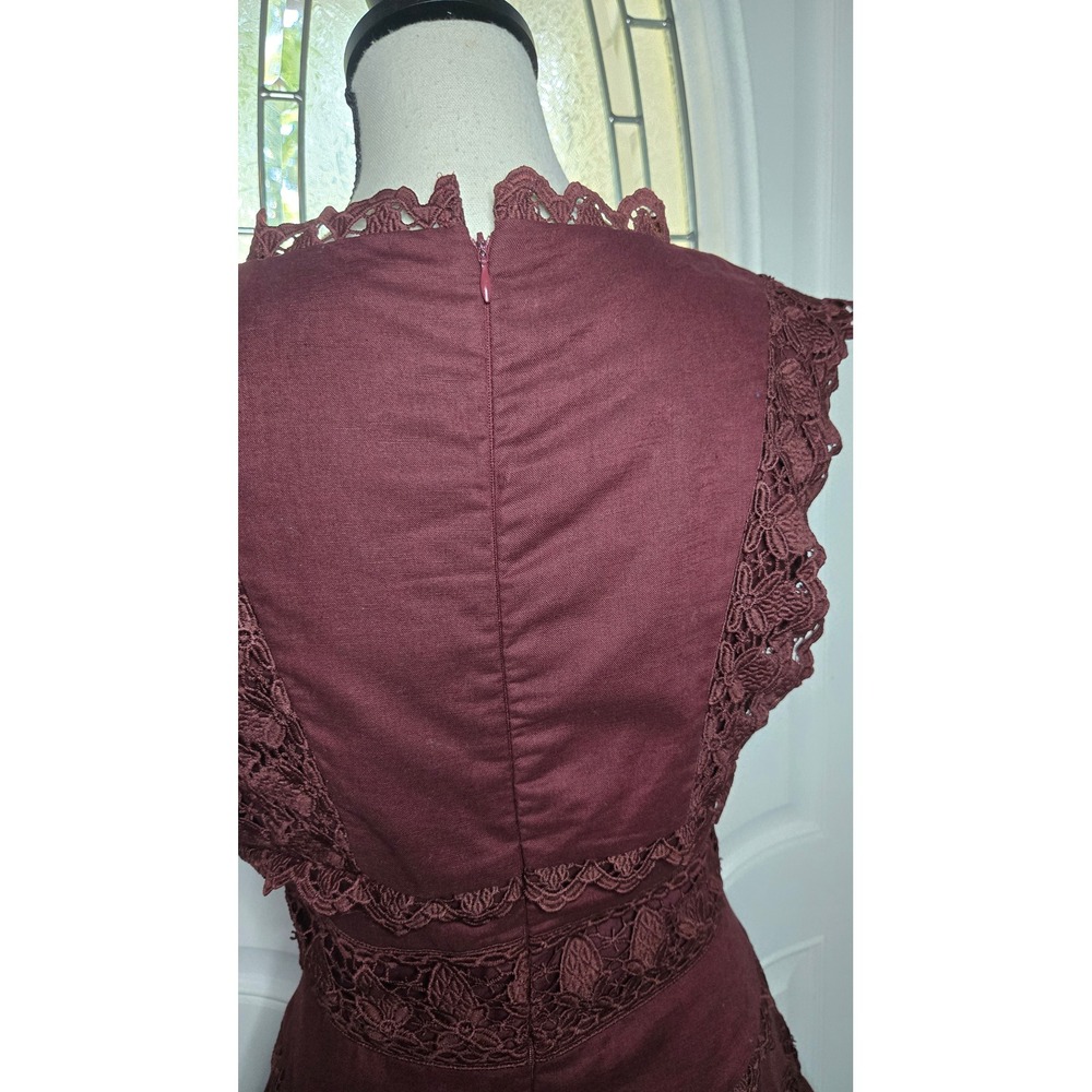 Burgundy Linen Blend Lace Mini Dress Size Small Romantic Boho Goth - Picture 6 of 8